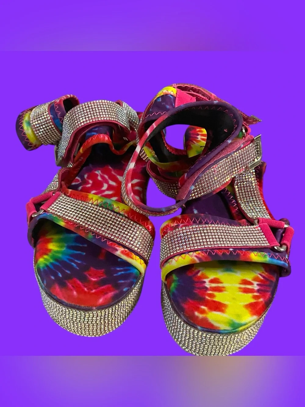 Azalea Wang Force Multicolor Tie-Dye Platform Sandals w/Rhinestone Straps Size 8